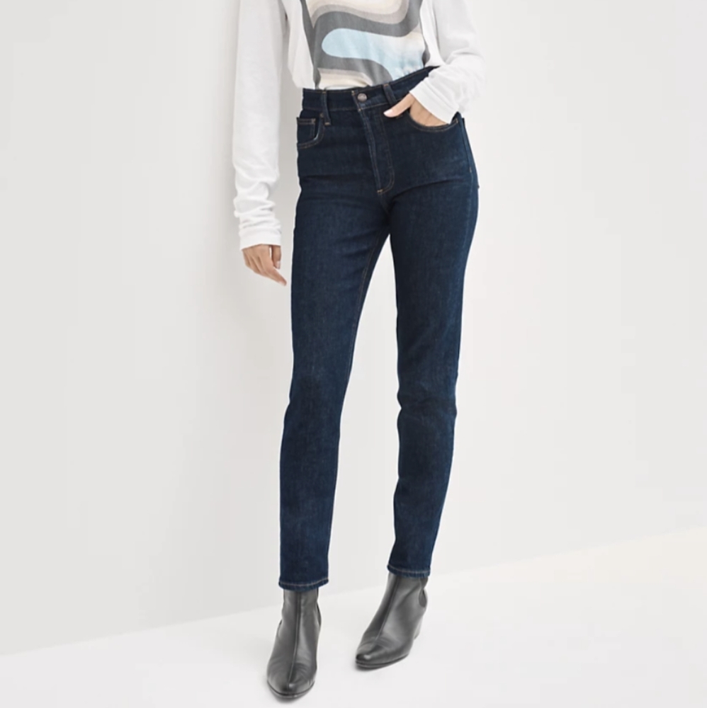 Denim Forum High-Rise Slim Straight Jeans in Dark Indigo